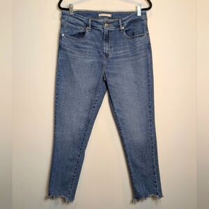 Levi's 721 High Rise Raw Hem Distressed Ankle Skinny Jeans Blue Denim Size 31